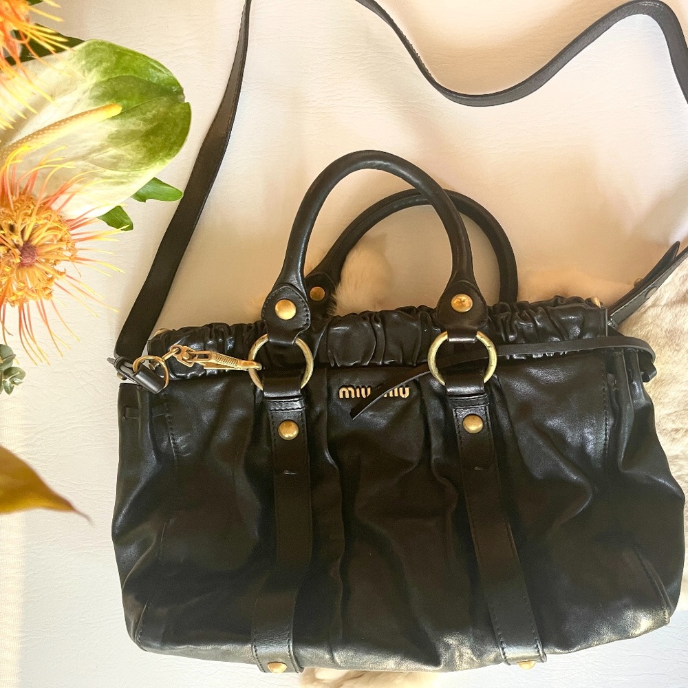 Miu Miu Vitello Ruched Black Satchel Handle Bag